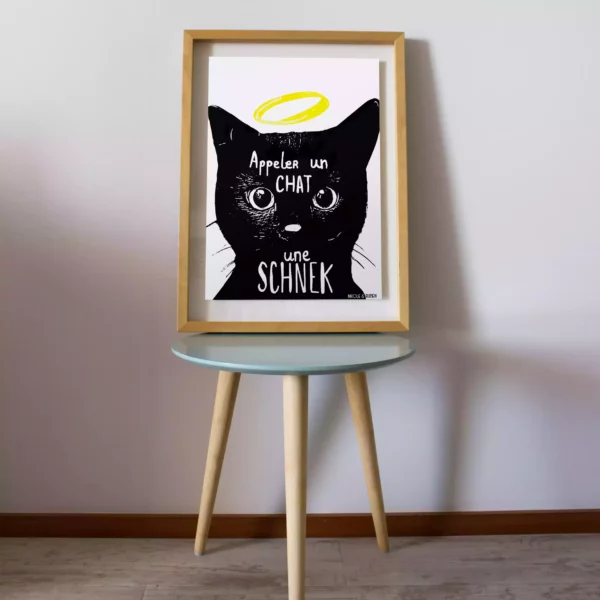 Affiche format poster A4 thème pour adulte érotique motif chat noir. Couleurs noir et blanc. Affiche avec cadre.